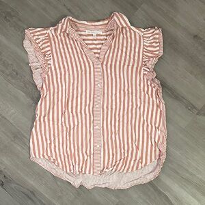 Jane and Delancey Coral and White Striped Ruffle Sleeve Shirt
